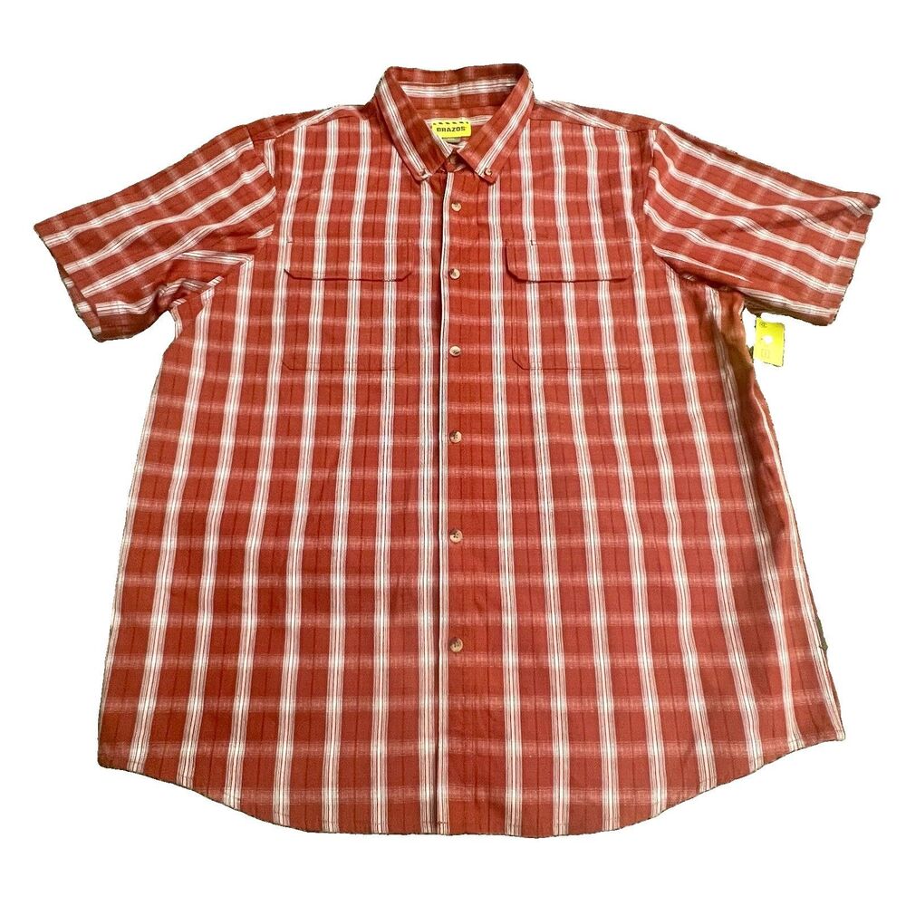 Men’s 2XL NWT Short Sleeve Brazos Work Shirt Red White Plaid Cotton Button Up